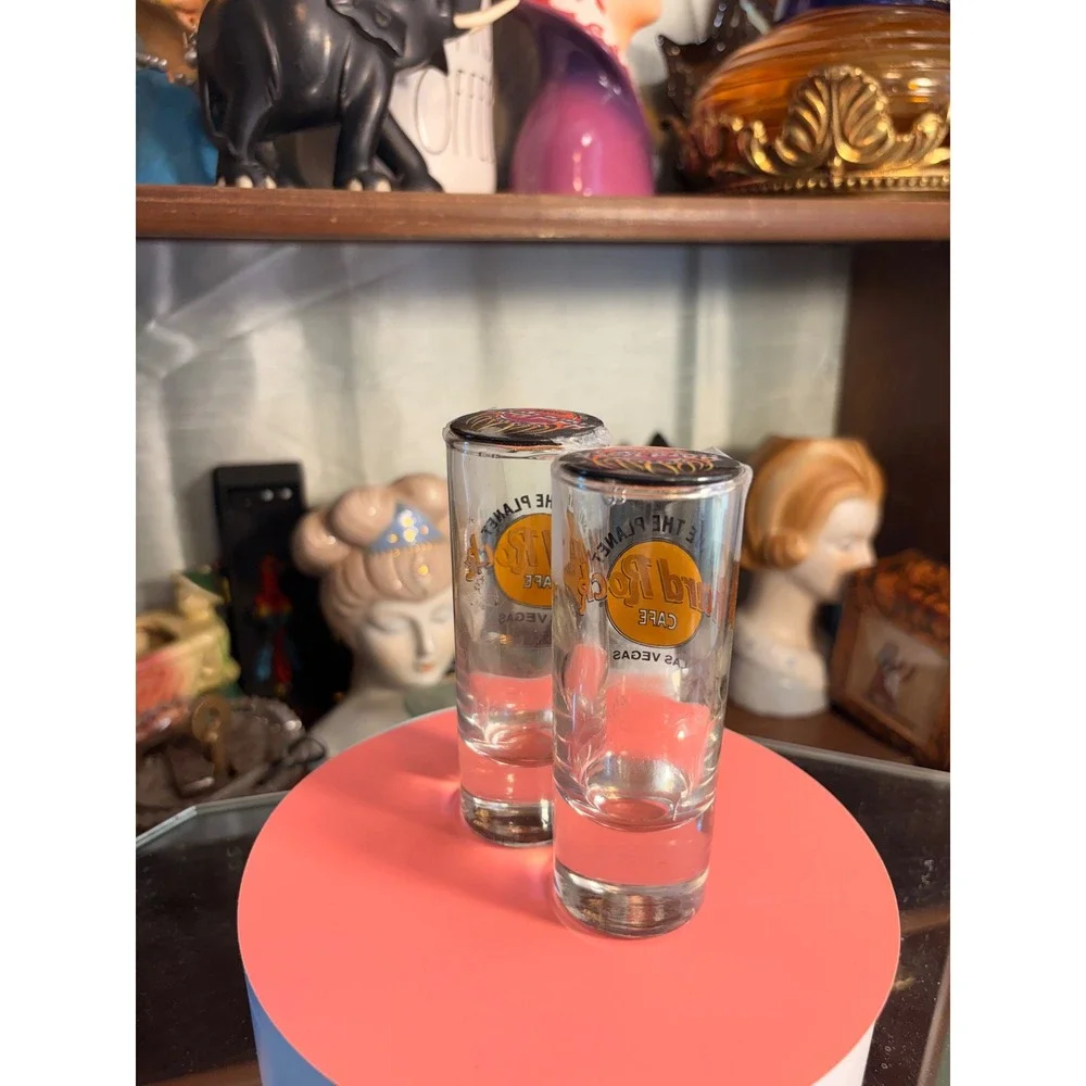Hard Rock Cafe Las Vegas Save The Planet Shot Glass Pair with Pin Backs Clear
